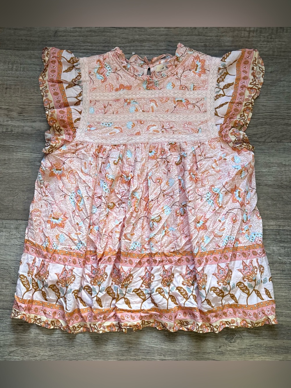 Peach Floral Ruffle-Sleeve Blouse with Lace Yoke Boho Cottagecore Folkloric Sz L